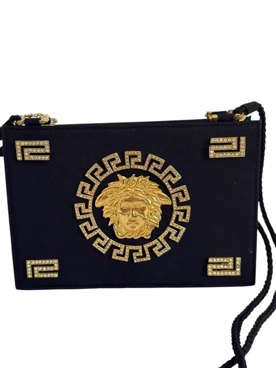 Gianni Versace Couture Vintage Medusa Satin Shoulder Bag Black Gold Rhinestone - Picture 1 of 12